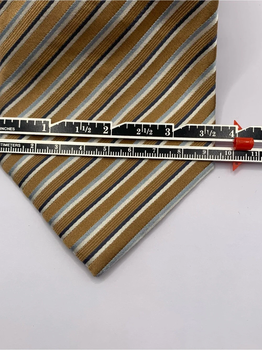 Geoffrey Beene Mustard, Gray and White Striped Silk Tie